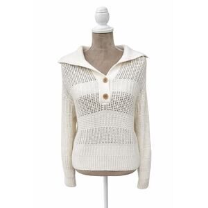 White + Warren Cotton Open Knit Polo in White Size M Luxury Coastal Cottage